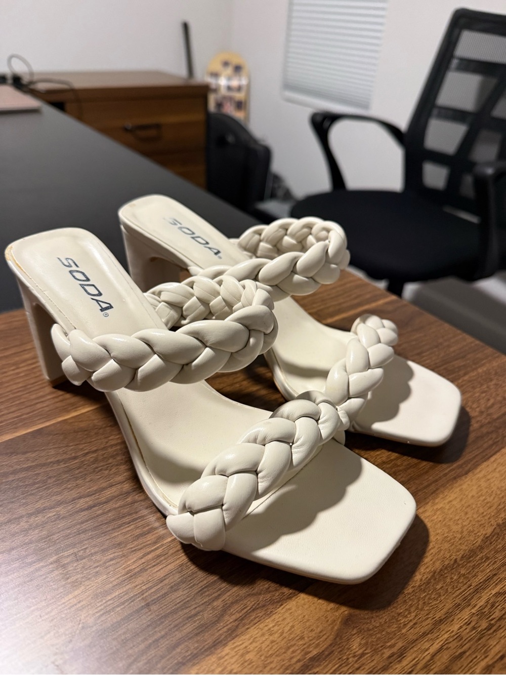 Soda Cream Braided Double-Strap Block Heel Mules